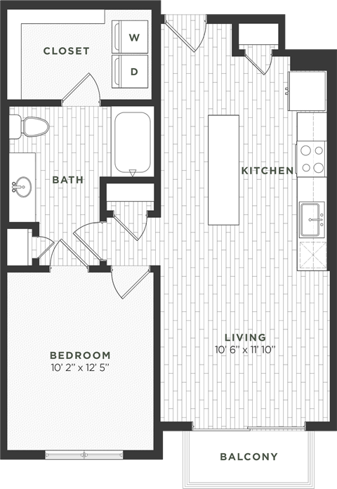 Floor plan for 1 bed, 1 bath, 722 sqft